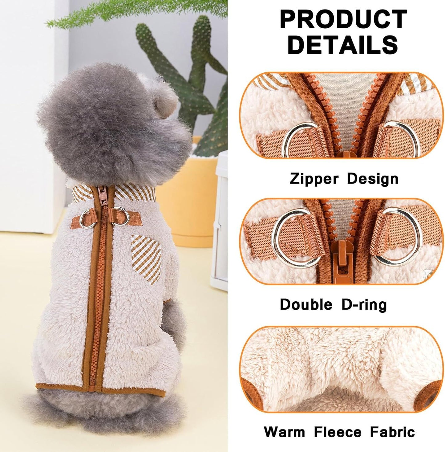 Plush Fleece Dog Coat For Small Dog With Double D-Ring Zipper On Back Pet Jumpsuit