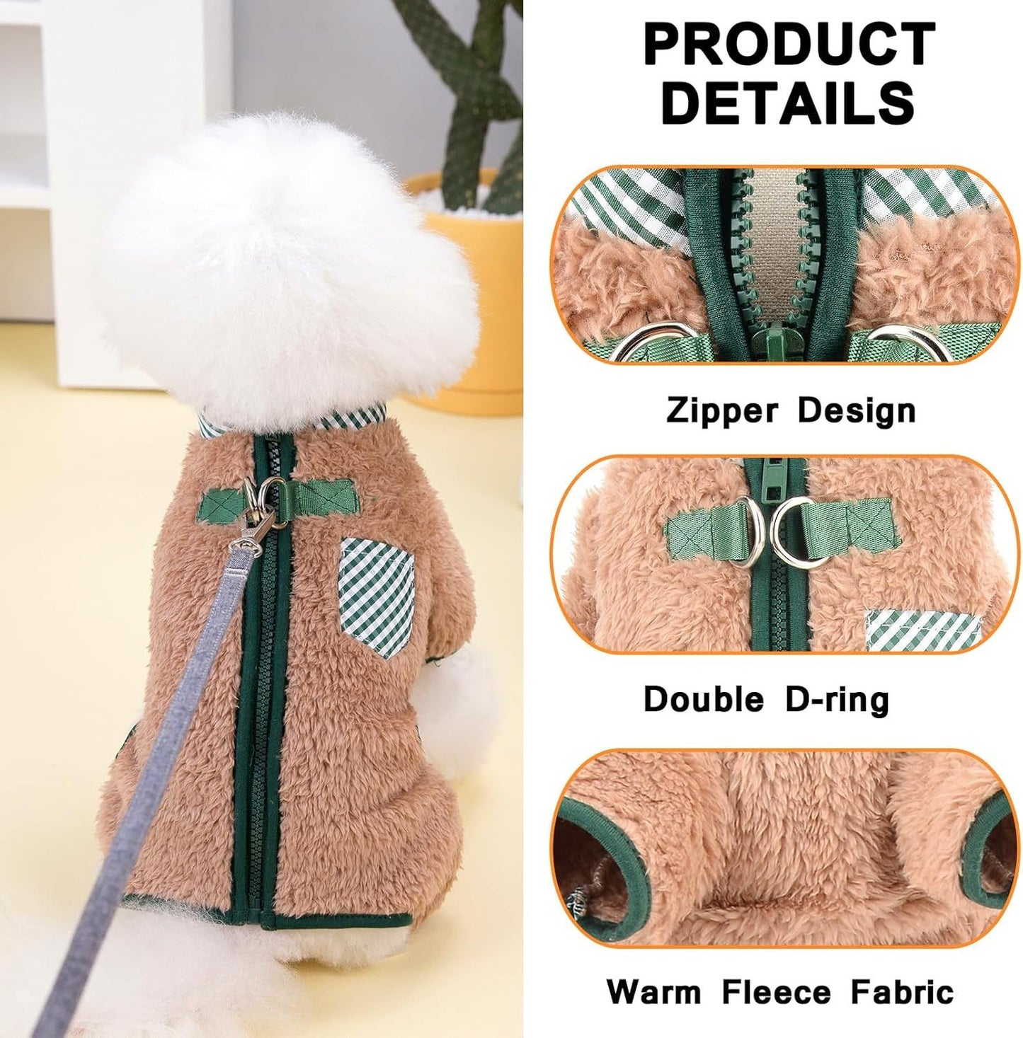 Plush Fleece Dog Coat For Small Dog With Double D-Ring Zipper On Back Pet Jumpsuit